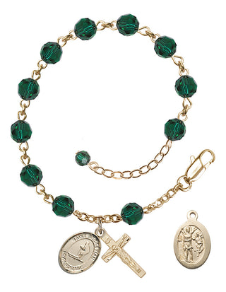 Adjustable 14 Karat Gold-Filled 6mm Austrian Crystal Saint Sebastian/Skiing Rosary Bracelet in Emerald