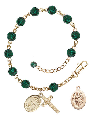 Adjustable 14 Karat Gold-Filled 6mm Austrian Crystal Saint Sebastian / Volleyball Rosary Bracelet in Emerald