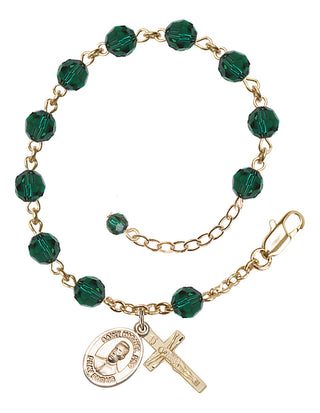 14kt Gold-Filled 6mm Austrian Crystal Bl. Miguel Pro Rosary Bracelet in Emerald Engraved Catholic Saint Jewelry