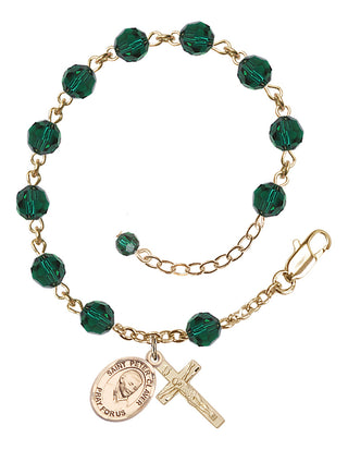 14kt Gold-Filled 6mm Austrian Crystal Saint Peter Claver Rosary Bracelet in Emerald Engraved Catholic Saint Jewelry
