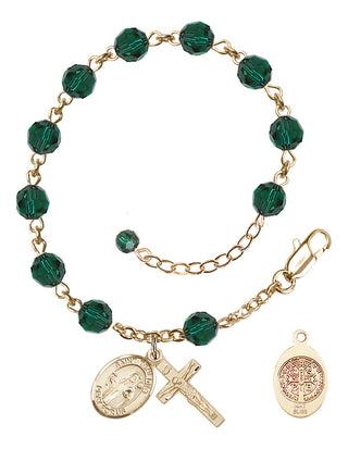 14kt Gold 6mm Austrian Crystal Saint Benedict Rosary Bracelet in Emerald Engraved Catholic Saint Jewelry