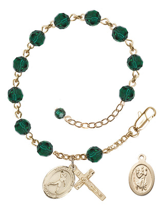 Adjustable 14 Karat Gold 6mm Austrian Crystal Saint Christopher/Football Rosary Bracelet in Emerald