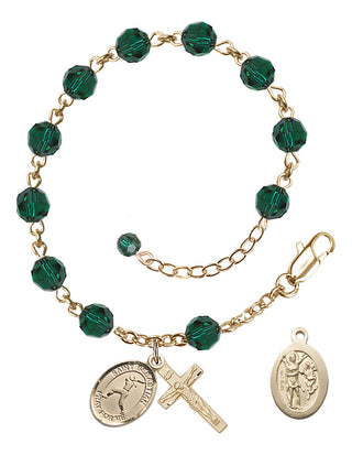 14kt Gold 6mm Austrian Crystal Saint Sebastian/Softball Rosary Bracelet in Emerald Engraved Catholic Saint Jewelry