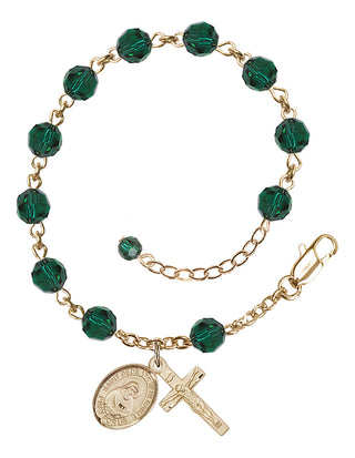 14kt Gold 6mm Austrian Crystal Saint Bede the Venerable Rosary Bracelet in Emerald Engraved Catholic Saint Jewelry