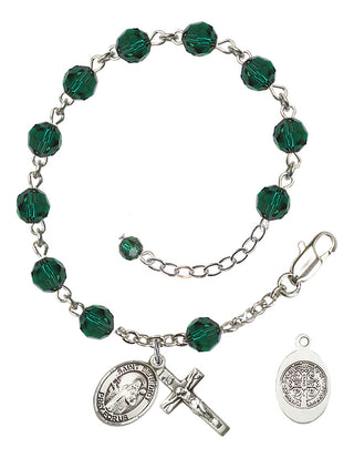 Sterling Silver 6mm Austrian Crystal Saint Benedict Rosary Bracelet in Emerald Engraved Catholic Saint Jewelry