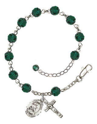 Sterling Silver 6mm Austrian Crystal Saint Gerard Majella Rosary Bracelet in Emerald Engraved Catholic Saint Jewelry