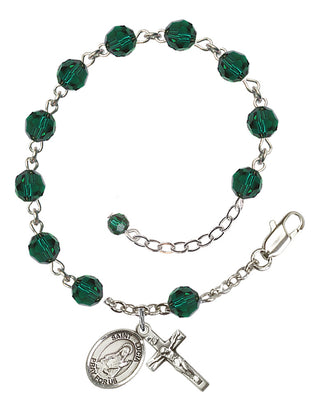 Sterling Silver 6mm Austrian Crystal Saint Lucia of Syracuse Rosary Bracelet in Emerald Engraved Catholic Saint Jewelry