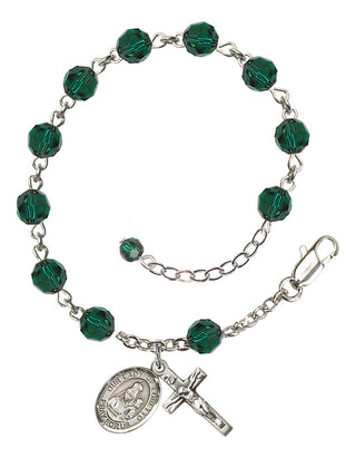 Sterling Silver 6mm Austrian Crystal Our Lady of Loretto Rosary Bracelet in Emerald Engraved Catholic Saint Jewelry