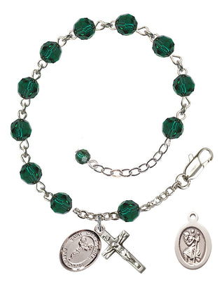 Adjustable Sterling Silver 6mm Austrian Crystal Saint Christopher/Cheerleading Rosary Bracelet in Emerald