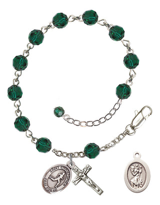Sterling Silver 6mm Austrian Crystal Saint Christopher/Track & Field Rosary Bracelet in Emerald Engraved Catholic Saint Jewelry