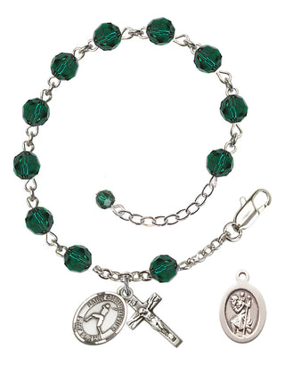 Adjustable Sterling Silver 6mm Austrian Crystal Saint Christopher/Baseball Rosary Bracelet in Emerald