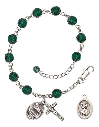 Adjustable Sterling Silver 6mm Austrian Crystal Saint Christopher/Swimming Rosary Bracelet in Emerald