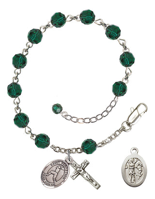 Adjustable Sterling Silver 6mm Austrian Crystal Saint Sebastian/Baseball Rosary Bracelet in Emerald