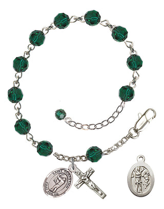 Adjustable Sterling Silver 6mm Austrian Crystal Saint Sebastian / Archery Rosary Bracelet in Emerald