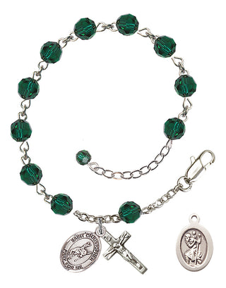 Adjustable Sterling Silver 6mm Austrian Crystal Saint Christopher / Rodeo Rosary Bracelet in Emerald