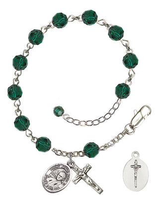 Adjustable Sterling Silver 6mm Austrian Crystal Saint John Paul II Rosary Bracelet in Emerald