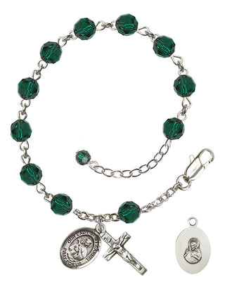 Adjustable Sterling Silver 6mm Austrian Crystal Our Lady of Mount Carmel Rosary Bracelet in Emerald