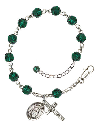Sterling Silver 6mm Austrian Crystal Saint Aaron Rosary Bracelet in Emerald Engraved Catholic Saint Jewelry