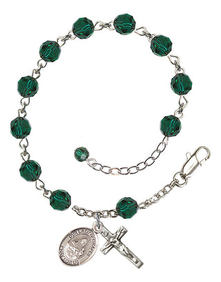 Sterling Silver 6mm Austrian Crystal Our Lady of Grapes Rosary Bracelet in Emerald Engraved Catholic Saint Jewelry