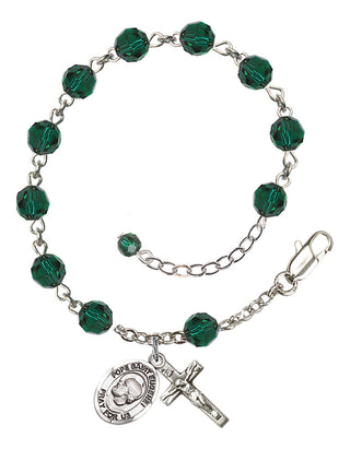 Sterling Silver 6mm Austrian Crystal Pope Saint Eugene I Rosary Bracelet in Emerald Engraved Catholic Saint Jewelry
