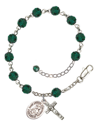 Sterling Silver 6mm Austrian Crystal Saint Adrian of Nicomedia Rosary Bracelet in Emerald Engraved Catholic Saint Jewelry