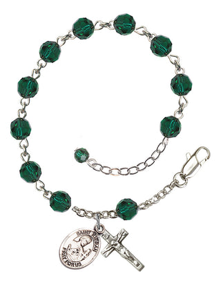 Sterling Silver 6mm Austrian Crystal Saint Kieran Rosary Bracelet in Emerald Engraved Catholic Saint Jewelry