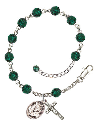 Sterling Silver 6mm Austrian Crystal Saint Peter Canisius Rosary Bracelet in Emerald Engraved Catholic Saint Jewelry