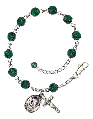 Sterling Silver 6mm Austrian Crystal Saint John XXIII Rosary Bracelet in Emerald Engraved Catholic Saint Jewelry