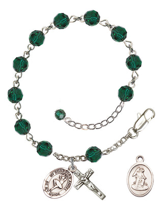 Sterling Silver 6mm Austrian Crystal Guardian Angel/Dance Rosary Bracelet in Emerald Engraved Catholic Saint Jewelry