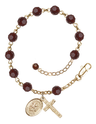 14kt Gold-Filled 6mm Austrian Crystal Saint George Rosary Bracelet in Garnet Engraved Catholic Saint Jewelry