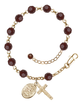 14kt Gold-Filled 6mm Austrian Crystal Saint Michael the Archangel Rosary Bracelet in Garnet Engraved Catholic Saint Jewelry
