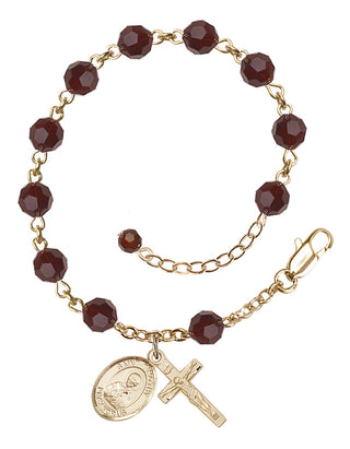 14kt Gold-Filled 6mm Austrian Crystal Saint Timothy Rosary Bracelet in Garnet Engraved Catholic Saint Jewelry