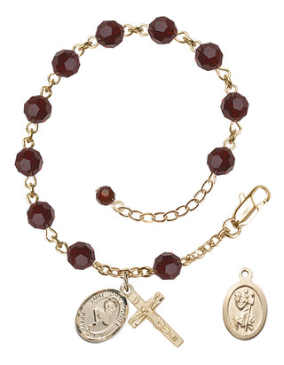 14kt Gold-Filled 6mm Austrian Crystal Saint Christopher/Dance Rosary Bracelet in Garnet Engraved Catholic Saint Jewelry