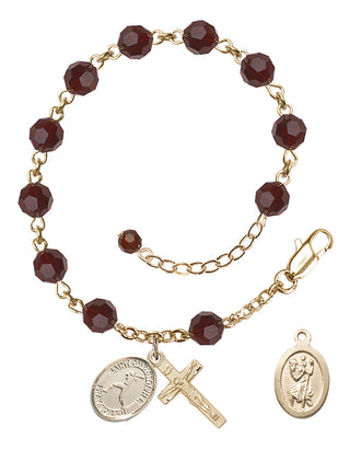 Adjustable 14 Karat Gold-Filled 6mm Austrian Crystal Saint Christopher/Softball Rosary Bracelet in Garnet