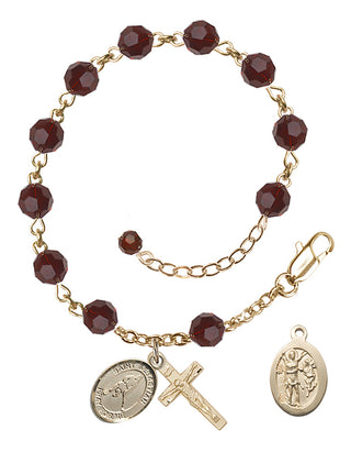 Adjustable 14 Karat Gold-Filled 6mm Austrian Crystal Saint Sebastian/Ice Hockey Rosary Bracelet in Garnet