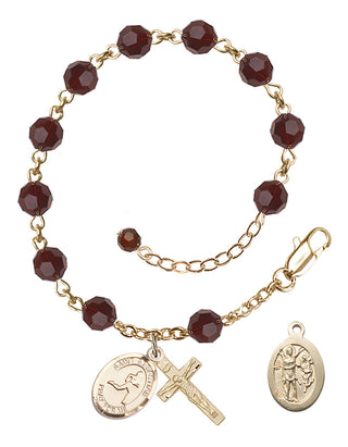 Adjustable 14 Karat Gold-Filled 6mm Austrian Crystal Saint Sebastian/Track & Field Rosary Bracelet in Garnet