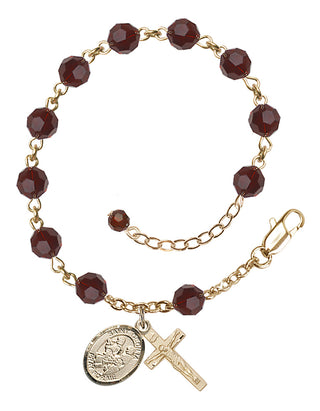 14kt Gold-Filled 6mm Austrian Crystal Saint Cecilia / Marching Band Rosary Bracelet in Garnet Engraved Catholic Saint Jewelry