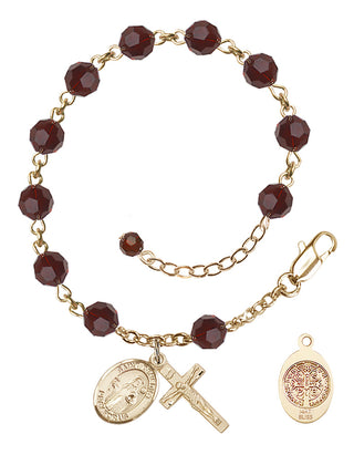 14kt Gold 6mm Austrian Crystal Saint Benedict Rosary Bracelet in Garnet Engraved Catholic Saint Jewelry