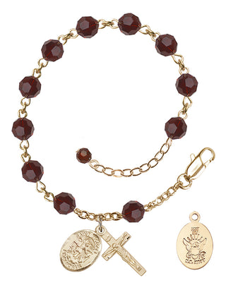 Adjustable 14 Karat Gold 6mm Austrian Crystal Saint Michael / Navy Rosary Bracelet in Garnet
