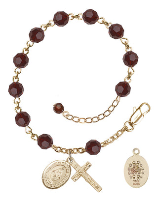 14kt Gold 6mm Austrian Crystal Miraculous Rosary Bracelet in Garnet Engraved Catholic Saint Jewelry