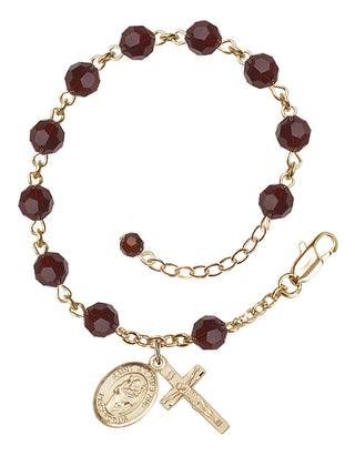 14kt Gold 6mm Austrian Crystal Saint Stanislaus Rosary Bracelet in Garnet Engraved Catholic Saint Jewelry