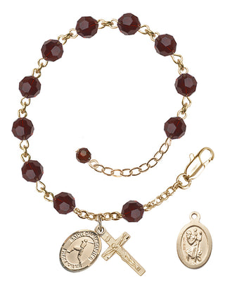Adjustable 14 Karat Gold 6mm Austrian Crystal Saint Christopher/Baseball Rosary Bracelet in Garnet