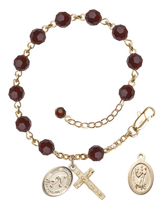 Adjustable 14 Karat Gold 6mm Austrian Crystal Saint Christopher/Basketball Rosary Bracelet in Garnet