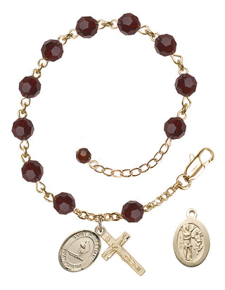 Adjustable 14 Karat Gold 6mm Austrian Crystal Saint Sebastian/Skiing Rosary Bracelet in Garnet
