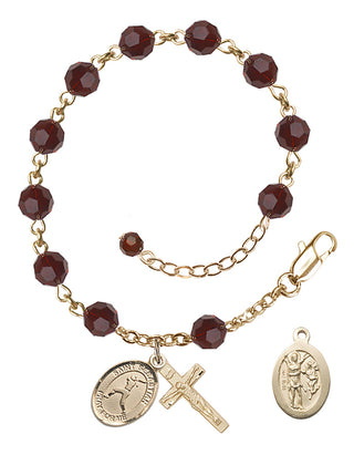 14kt Gold 6mm Austrian Crystal Saint Sebastian/Softball Rosary Bracelet in Garnet Engraved Catholic Saint Jewelry