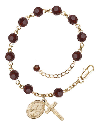 14kt Gold 6mm Austrian Crystal Saint Finnian of Clonard Rosary Bracelet in Garnet Engraved Catholic Saint Jewelry