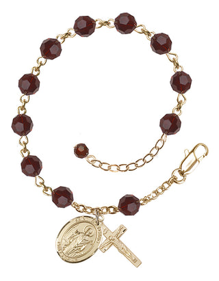 14kt Gold 6mm Austrian Crystal Saint Wolfgang Rosary Bracelet in Garnet Engraved Catholic Saint Jewelry