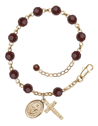 14kt Gold 6mm Austrian Crystal Saint Clement Rosary Bracelet in Garnet Engraved Catholic Saint Jewelry