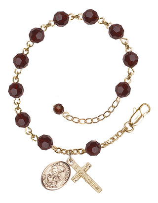 14kt Gold 6mm Austrian Crystal Saint Eustachius Rosary Bracelet in Garnet Engraved Catholic Saint Jewelry