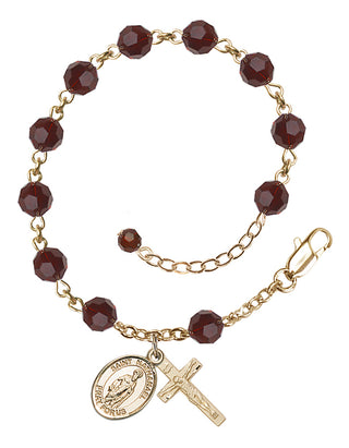 14kt Gold 6mm Austrian Crystal Saint Nathanael Rosary Bracelet in Garnet Engraved Catholic Saint Jewelry